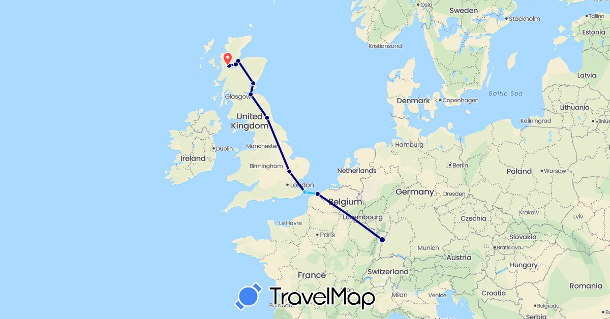 TravelMap itinerary: driving, hiking, boat in France, United Kingdom (Europe)